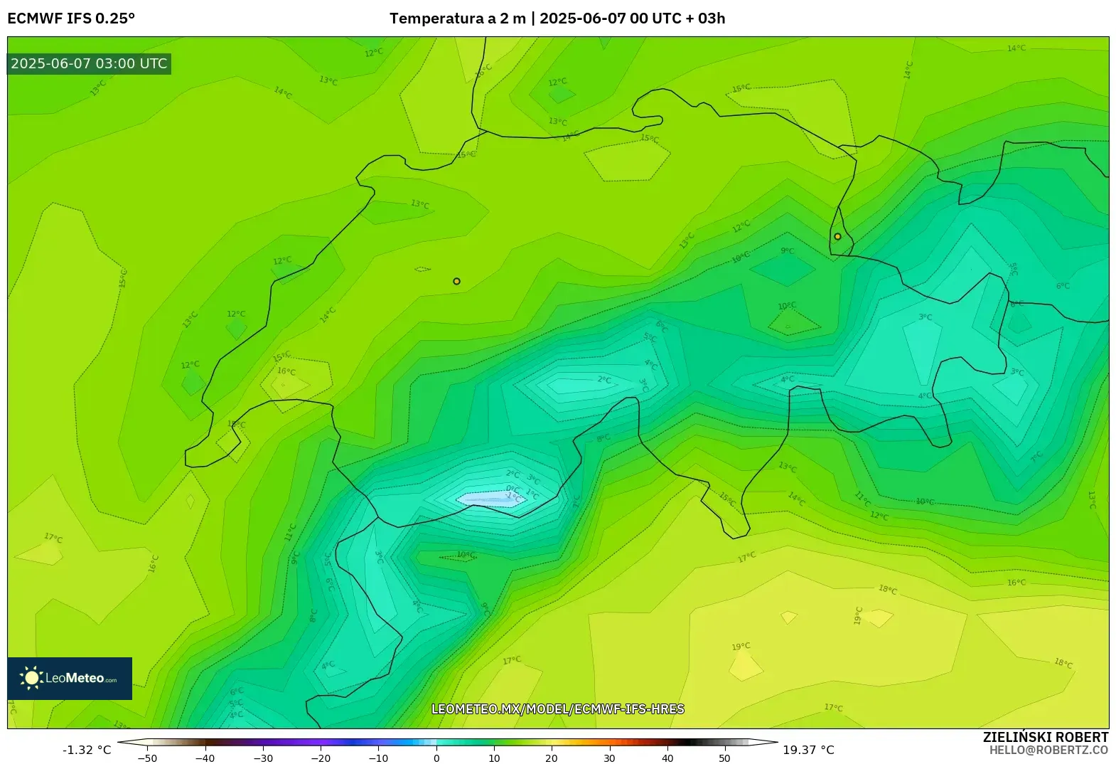 ECMWF IFS 0.25° model - Suiza, Temperatura a 2 m ECMWF IFS 0.25° model - Suiza, Temperatura a 2 m