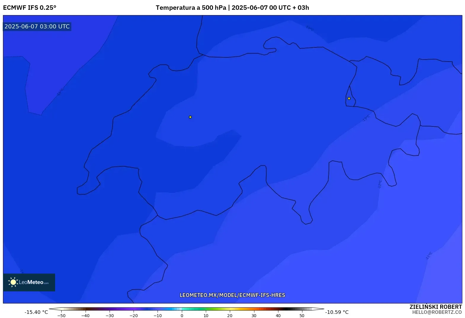 ECMWF IFS 0.25° model - Suiza, Temperatura a 500 hPa ECMWF IFS 0.25° model - Suiza, Temperatura a 500 hPa