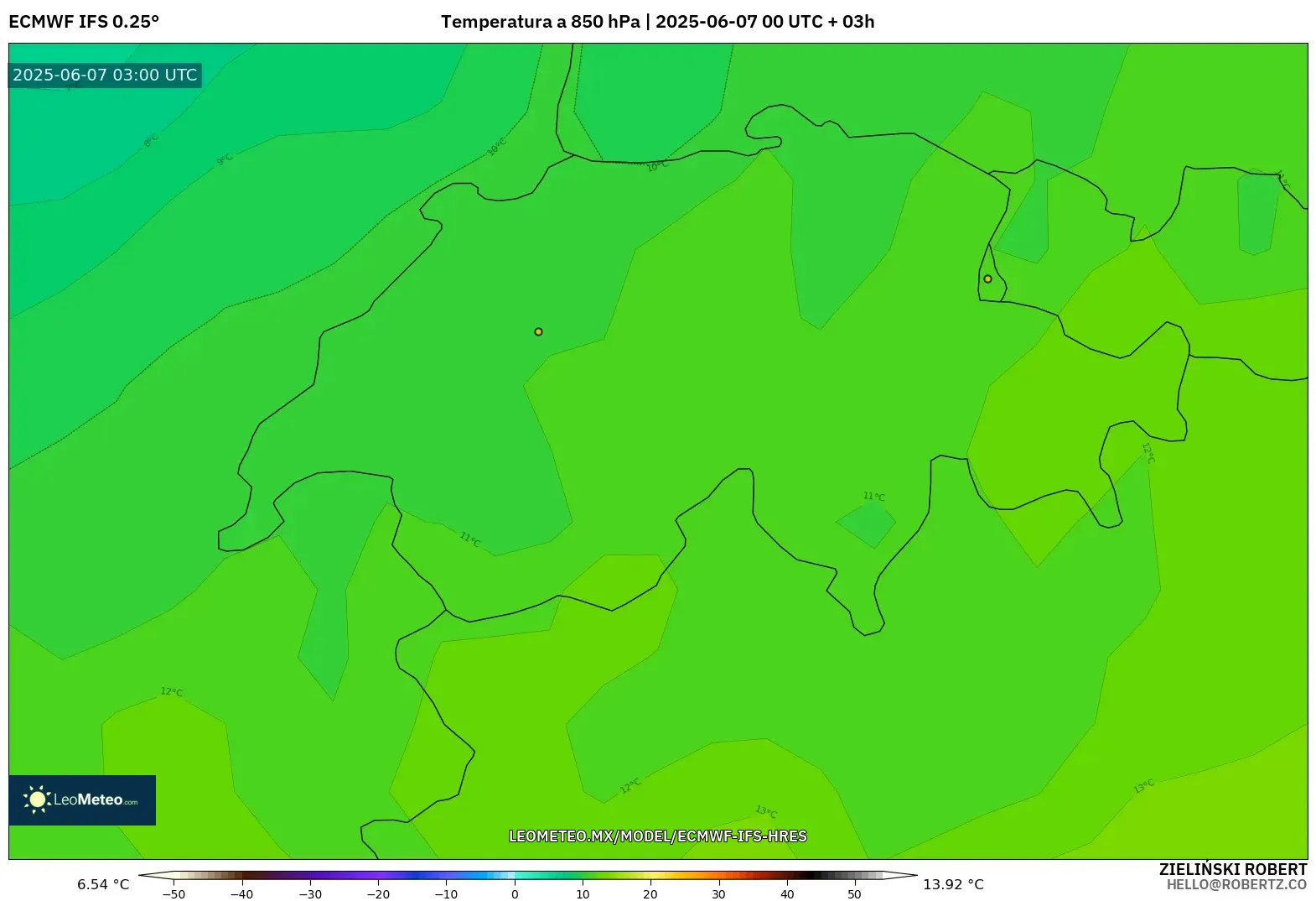 ECMWF IFS 0.25° model - Suiza, Temperatura a 850 hPa ECMWF IFS 0.25° model - Suiza, Temperatura a 850 hPa