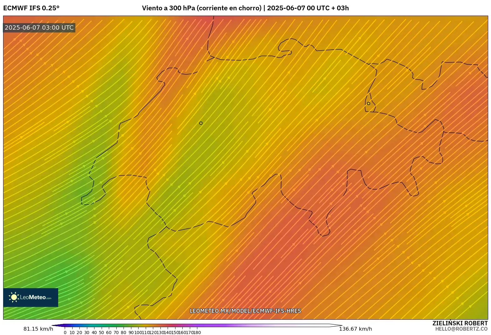 ECMWF IFS 0.25° model - Suiza, Viento a 300 hPa (corriente en chorro)