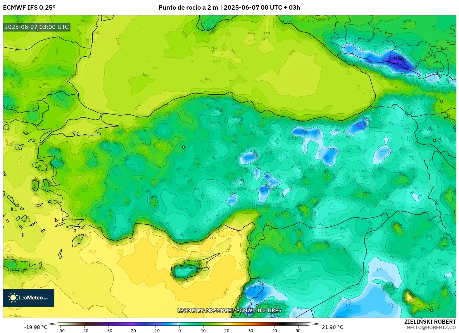 ECMWF IFS 0.25° model - Turquía, Punto de rocío a 2 m ECMWF IFS 0.25° model - Turquía, Punto de rocío a 2 m