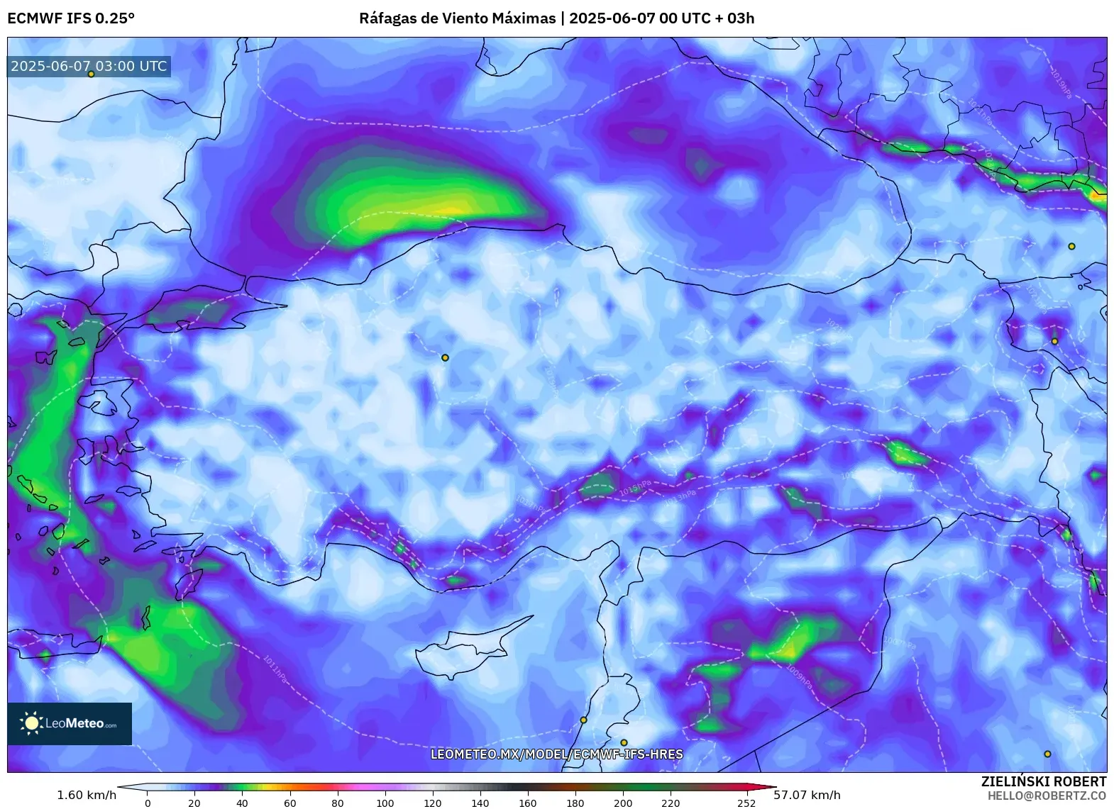 ECMWF IFS 0.25° model - Turquía, Ráfagas de Viento Máximas ECMWF IFS 0.25° model - Turquía, Ráfagas de Viento Máximas