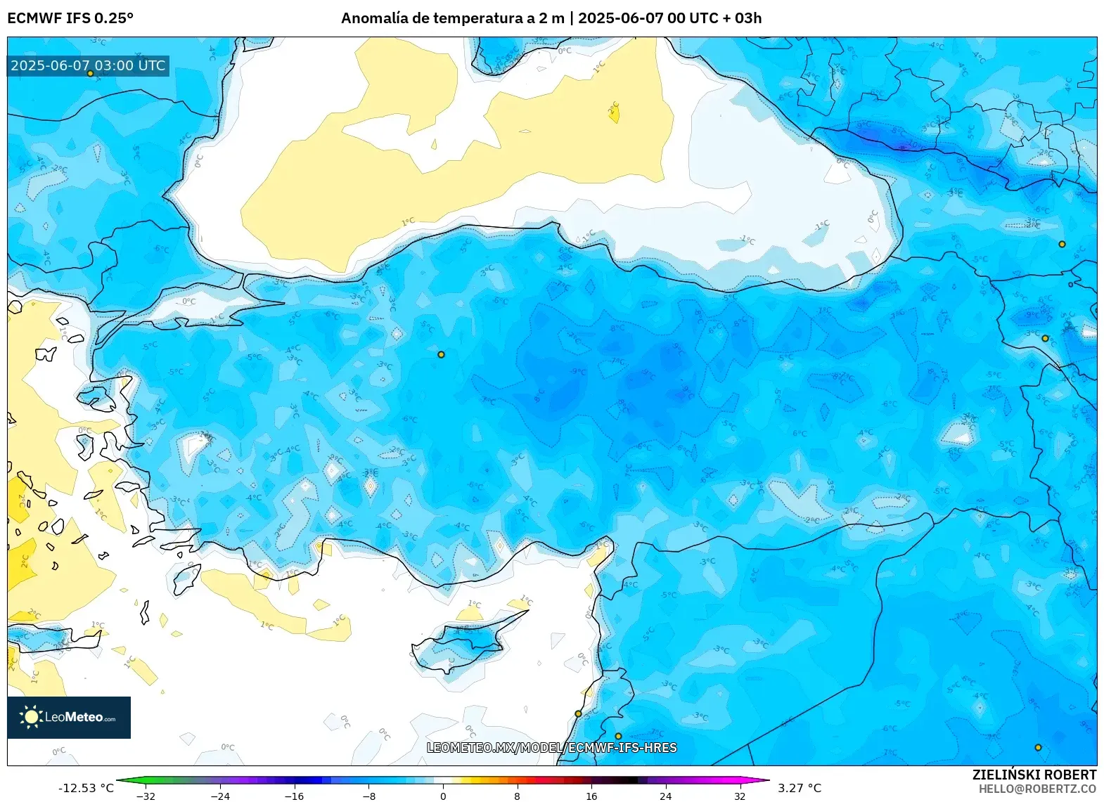 ECMWF IFS 0.25° model - Turquía, Anomalía de temperatura a 2 m ECMWF IFS 0.25° model - Turquía, Anomalía de temperatura a 2 m