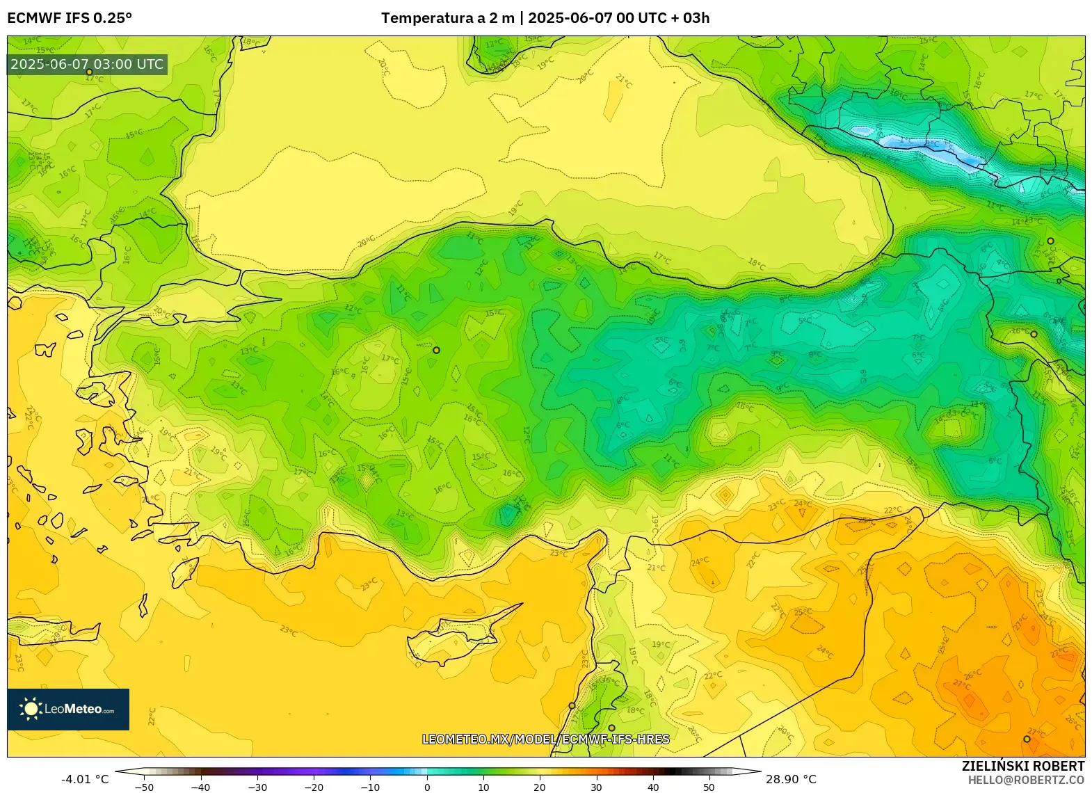 ECMWF IFS 0.25° model - Turquía, Temperatura a 2 m ECMWF IFS 0.25° model - Turquía, Temperatura a 2 m