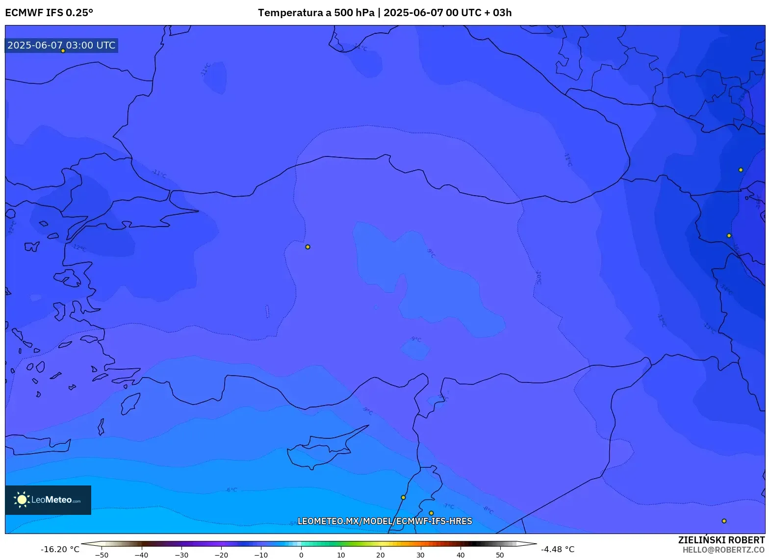 ECMWF IFS 0.25° model - Turquía, Temperatura a 500 hPa