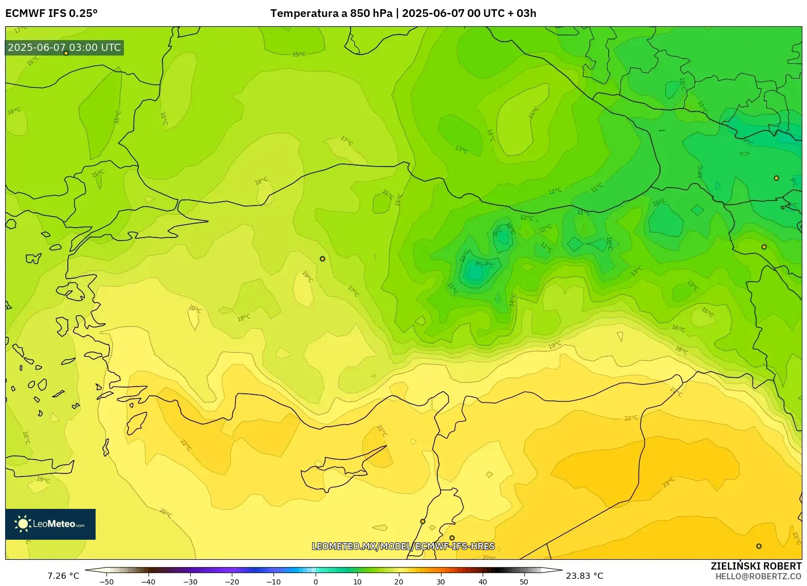 ECMWF IFS 0.25° model - Turquía, Temperatura a 850 hPa ECMWF IFS 0.25° model - Turquía, Temperatura a 850 hPa