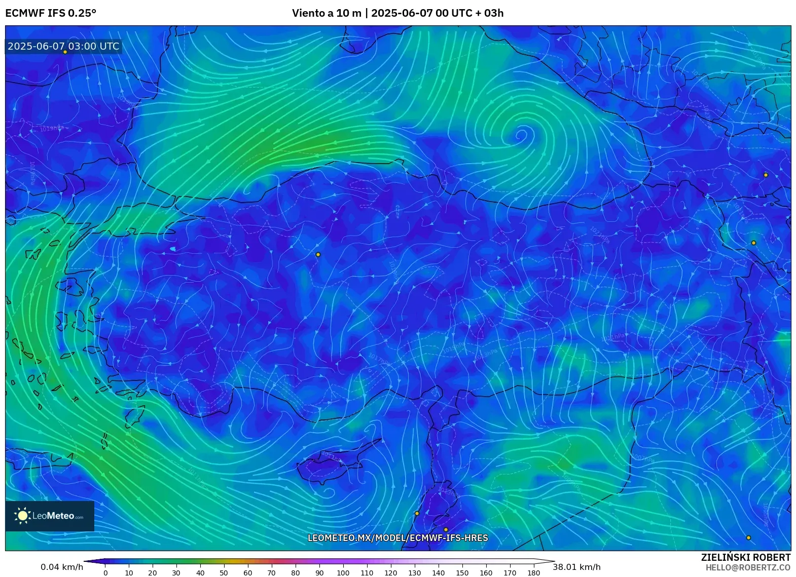 ECMWF IFS 0.25° model - Turquía, Viento a 10 m