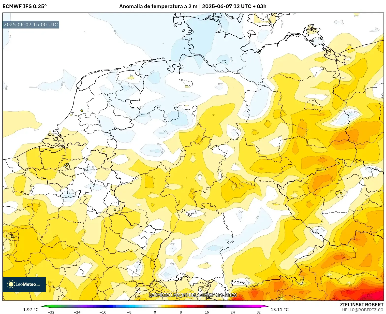 ECMWF IFS 0.25° model - Alemania, Anomalía de temperatura a 2 m ECMWF IFS 0.25° model - Alemania, Anomalía de temperatura a 2 m
