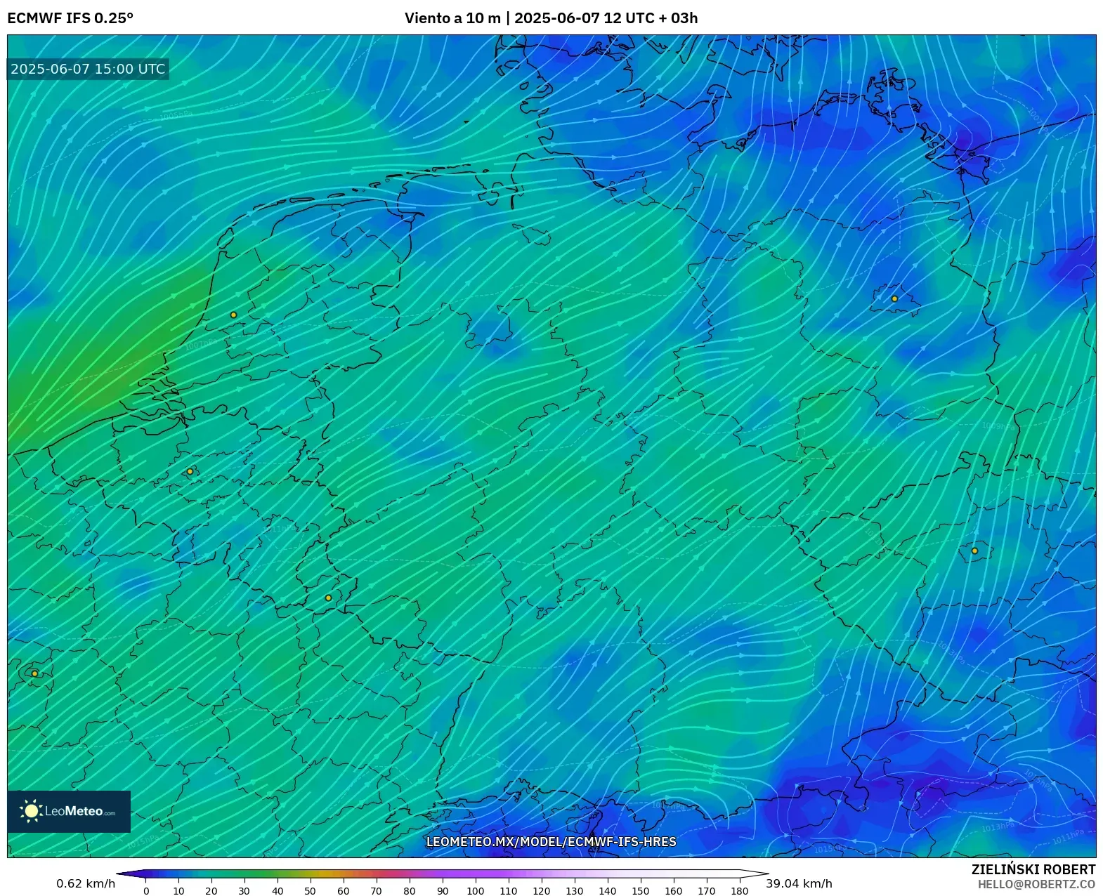 ECMWF IFS 0.25° model - Alemania, Viento a 10 m ECMWF IFS 0.25° model - Alemania, Viento a 10 m