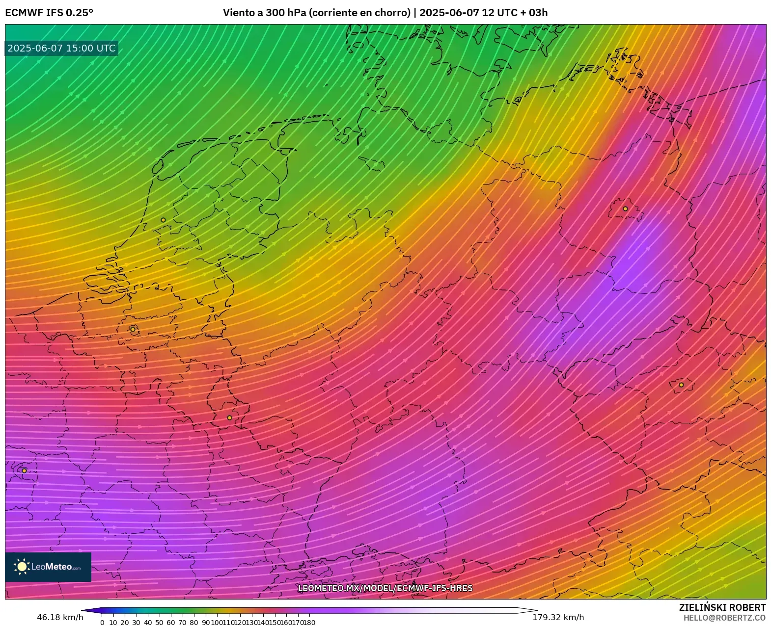 ECMWF IFS 0.25° model - Alemania, Viento a 300 hPa (corriente en chorro) ECMWF IFS 0.25° model - Alemania, Viento a 300 hPa (corriente en chorro)
