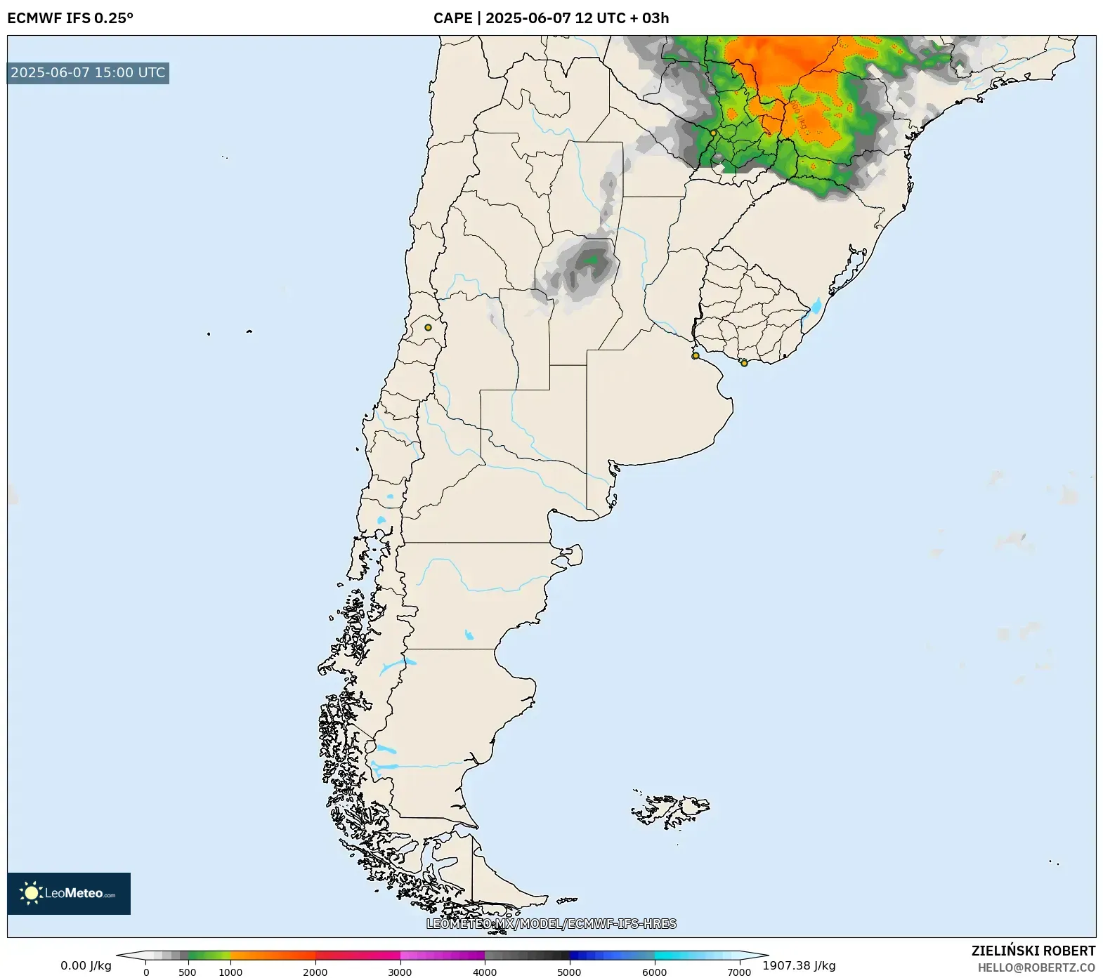ECMWF IFS 0.25° model - Argentina, CAPE ECMWF IFS 0.25° model - Argentina, CAPE