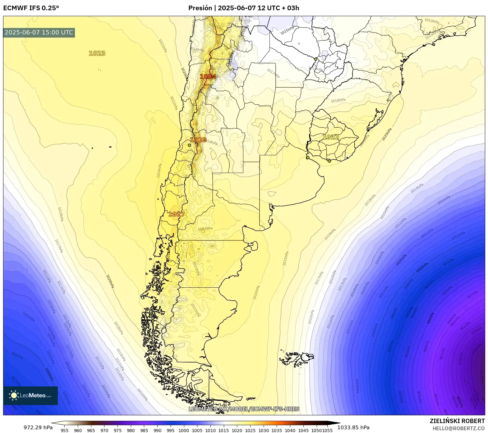 ECMWF IFS 0.25° model - Argentina, Presión
