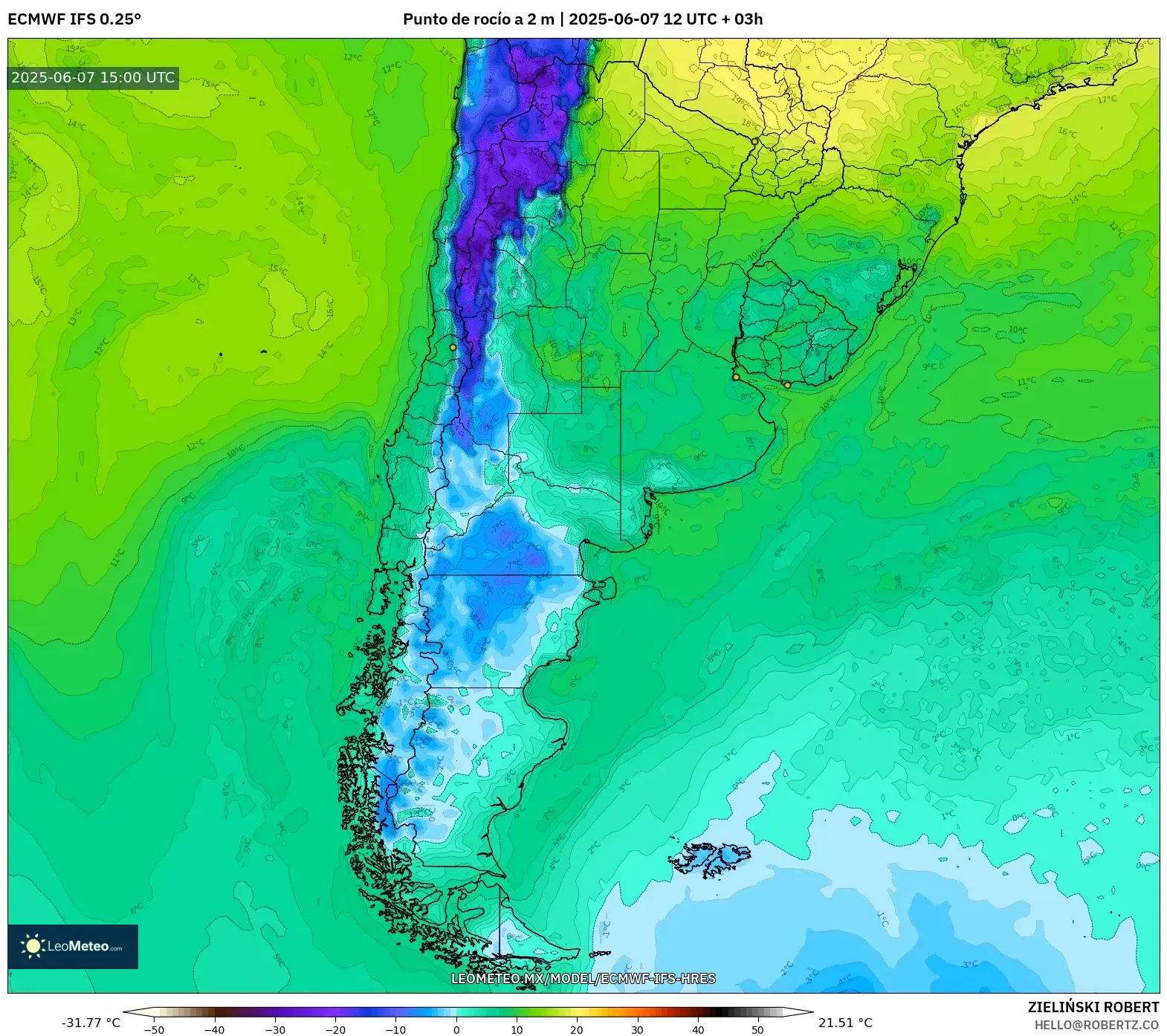 ECMWF IFS 0.25° model - Argentina, Punto de rocío a 2 m ECMWF IFS 0.25° model - Argentina, Punto de rocío a 2 m
