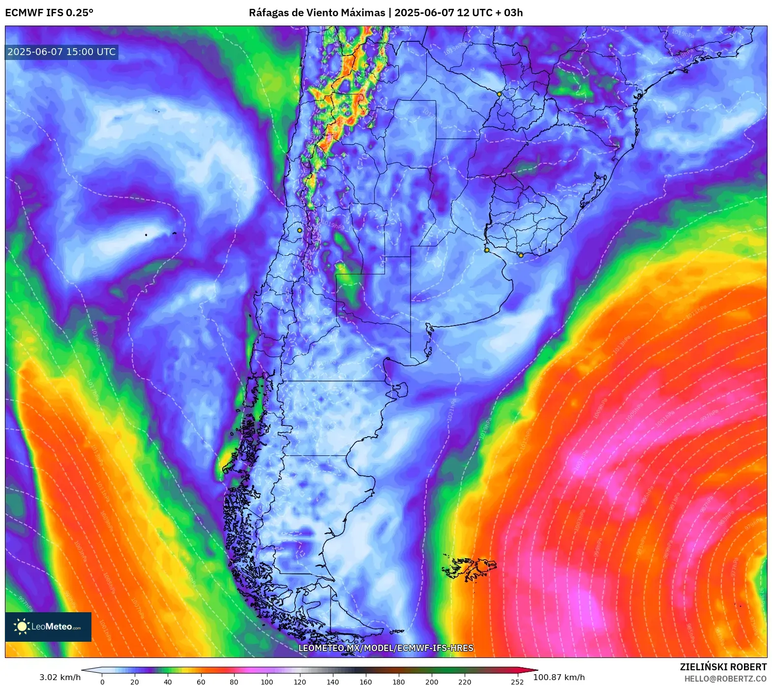 ECMWF IFS 0.25° model - Argentina, Ráfagas de Viento Máximas