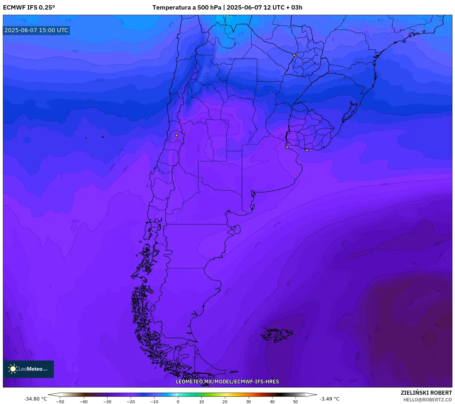 ECMWF IFS 0.25° model - Argentina, Temperatura a 500 hPa ECMWF IFS 0.25° model - Argentina, Temperatura a 500 hPa