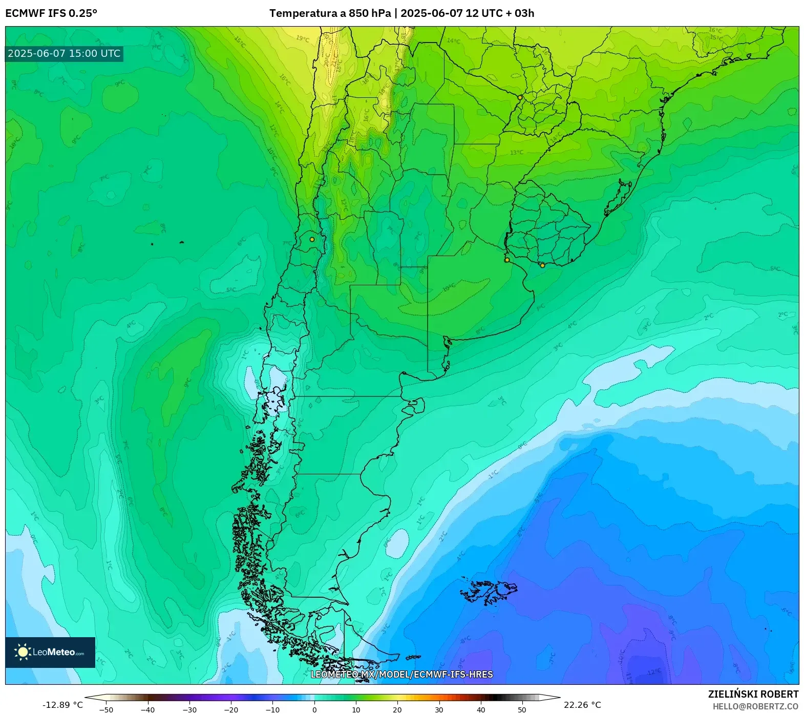 ECMWF IFS 0.25° model - Argentina, Temperatura a 850 hPa ECMWF IFS 0.25° model - Argentina, Temperatura a 850 hPa