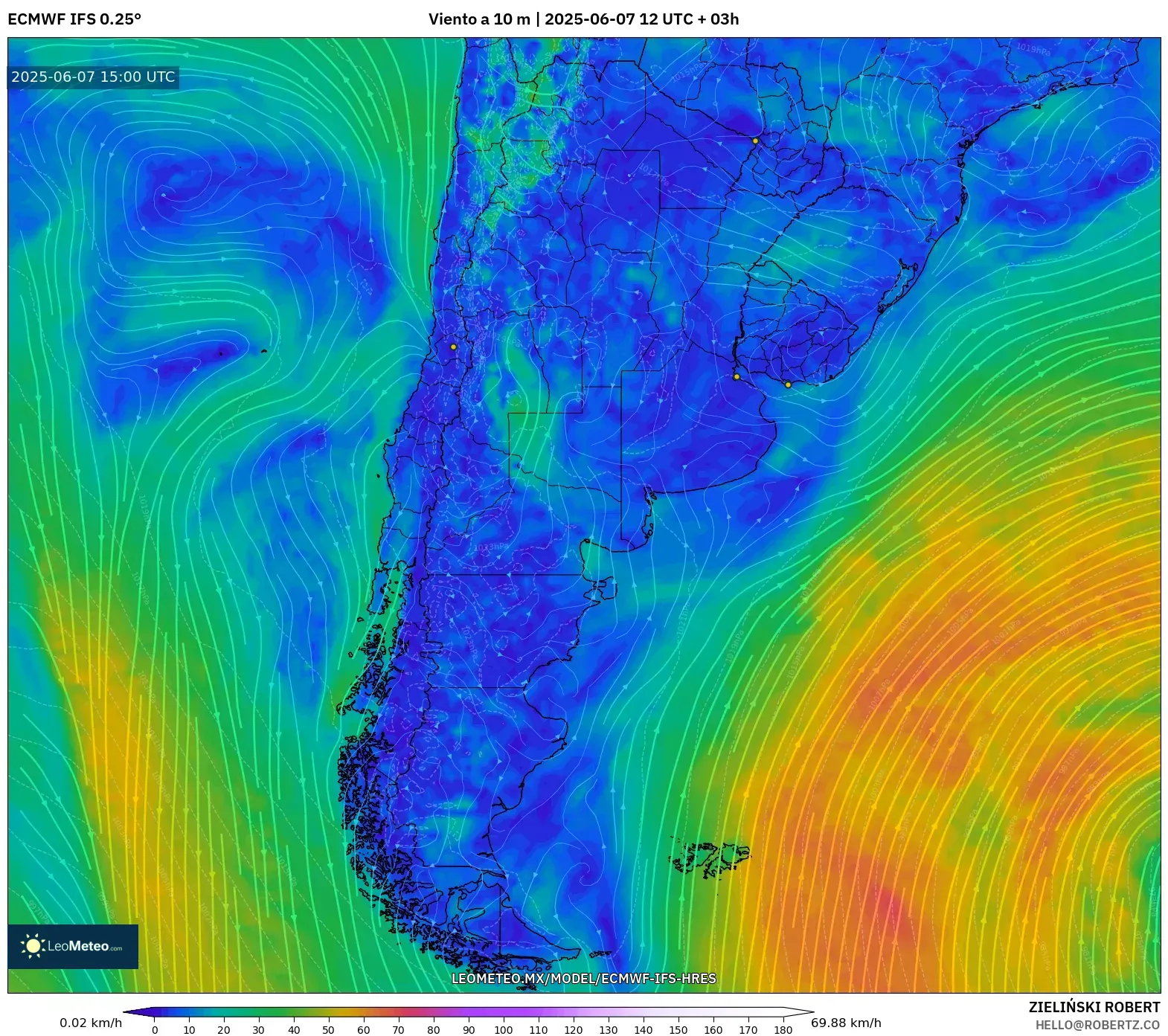 ECMWF IFS 0.25° model - Argentina, Viento a 10 m ECMWF IFS 0.25° model - Argentina, Viento a 10 m