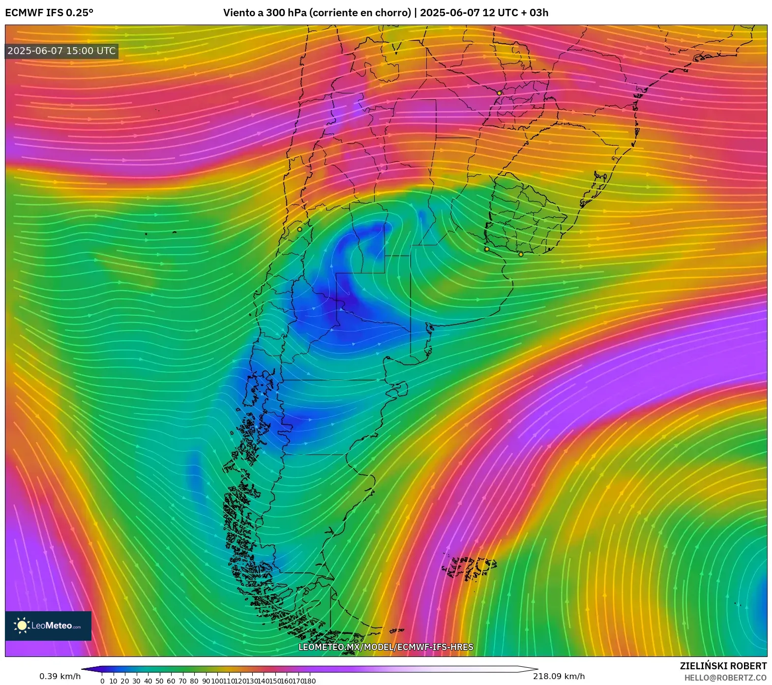 ECMWF IFS 0.25° model - Argentina, Viento a 300 hPa (corriente en chorro) ECMWF IFS 0.25° model - Argentina, Viento a 300 hPa (corriente en chorro)