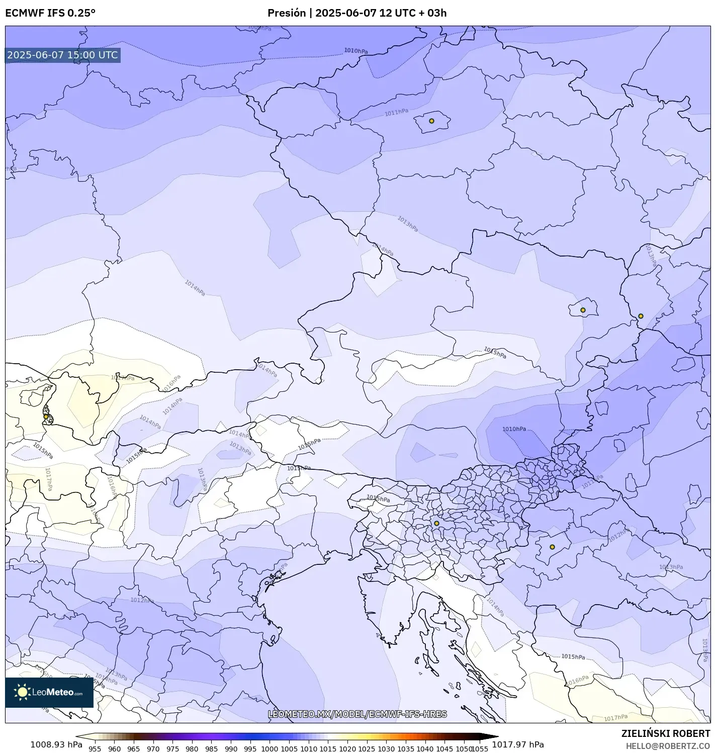 ECMWF IFS 0.25° model - Austria, Presión ECMWF IFS 0.25° model - Austria, Presión