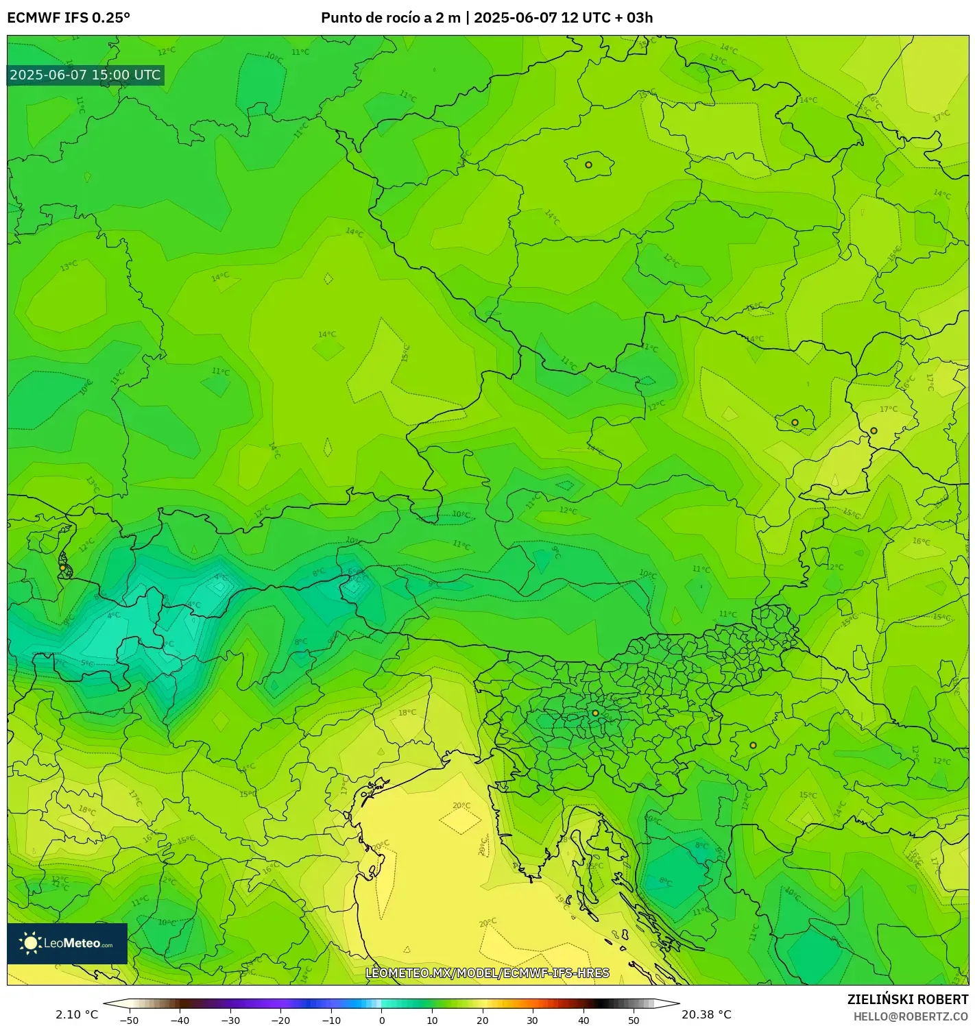 ECMWF IFS 0.25° model - Austria, Punto de rocío a 2 m ECMWF IFS 0.25° model - Austria, Punto de rocío a 2 m