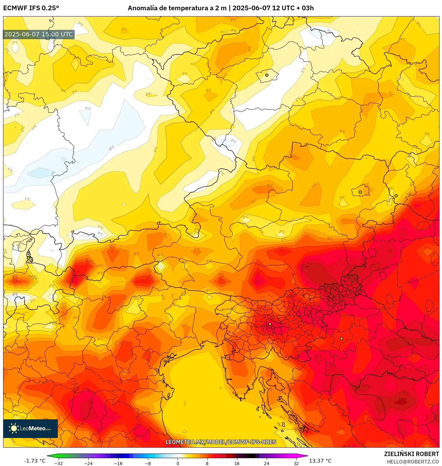 ECMWF IFS 0.25° model - Austria, Anomalía de temperatura a 2 m