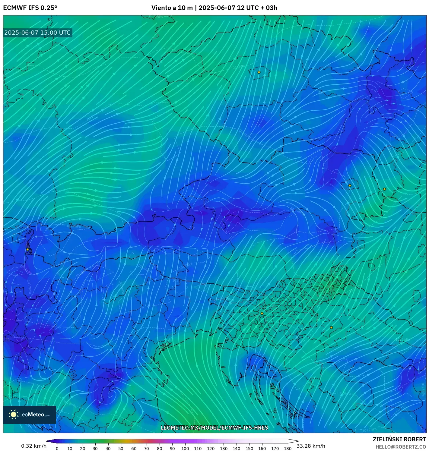 ECMWF IFS 0.25° model - Austria, Viento a 10 m