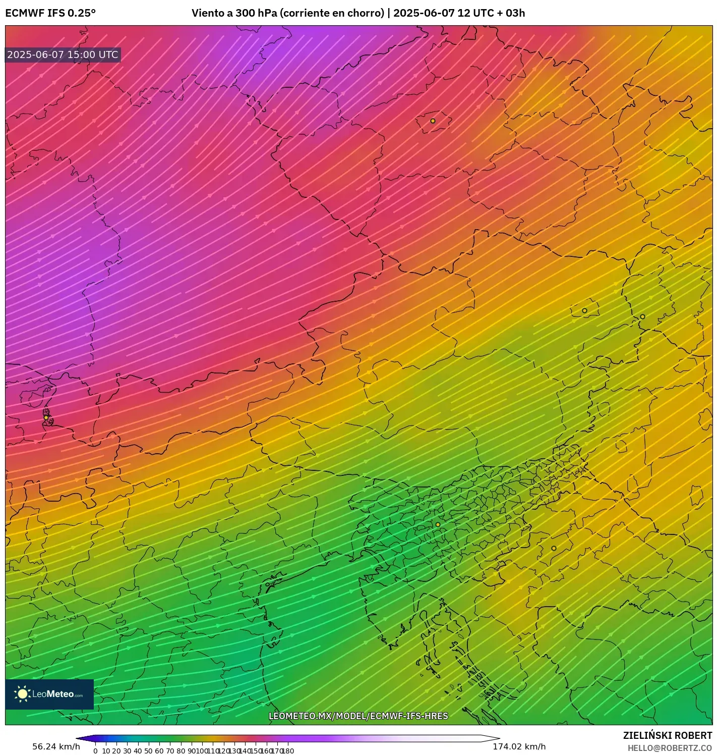 ECMWF IFS 0.25° model - Austria, Viento a 300 hPa (corriente en chorro) ECMWF IFS 0.25° model - Austria, Viento a 300 hPa (corriente en chorro)