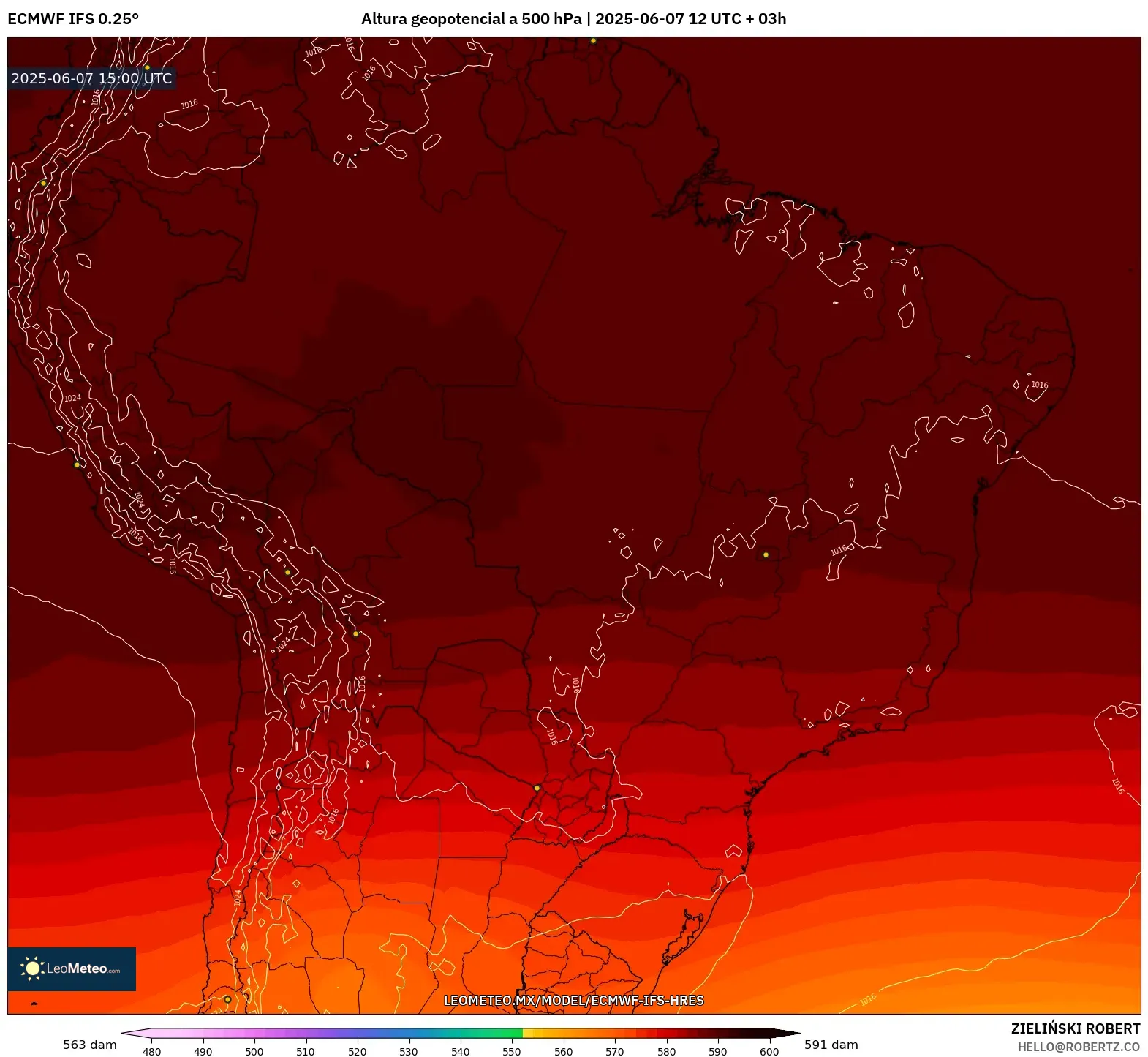 ECMWF IFS 0.25° model - Brasil, Altura geopotencial a 500 hPa ECMWF IFS 0.25° model - Brasil, Altura geopotencial a 500 hPa