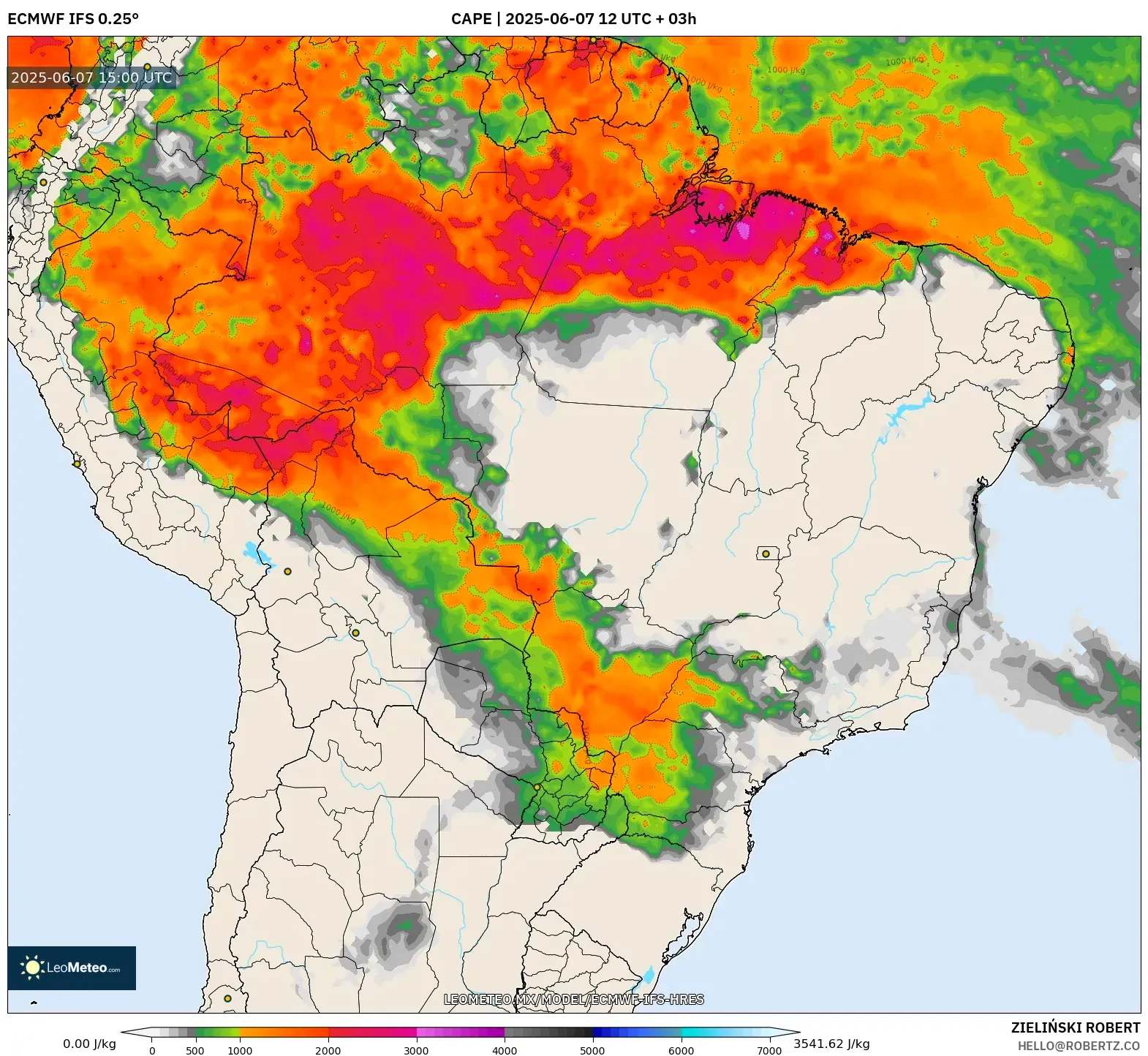 ECMWF IFS 0.25° model - Brasil, CAPE ECMWF IFS 0.25° model - Brasil, CAPE