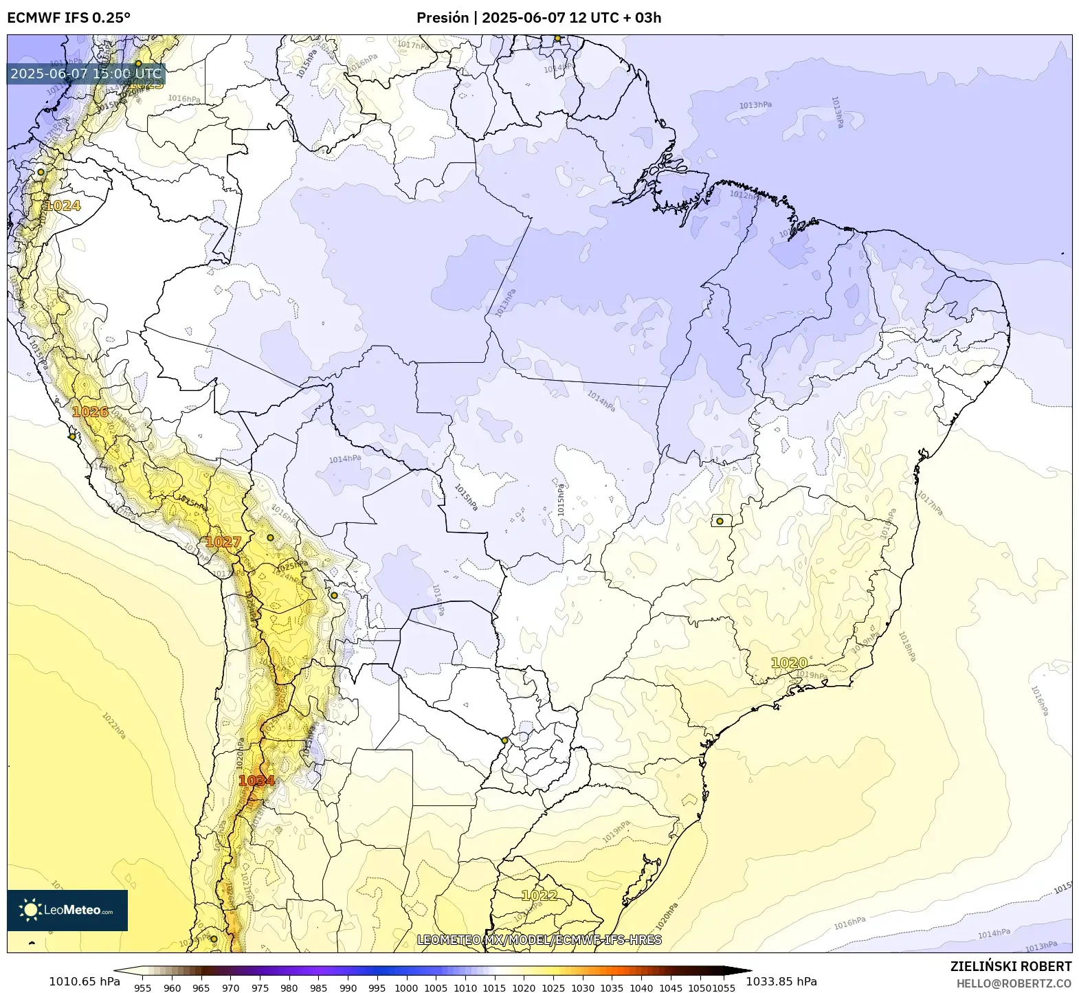 ECMWF IFS 0.25° model - Brasil, Presión ECMWF IFS 0.25° model - Brasil, Presión