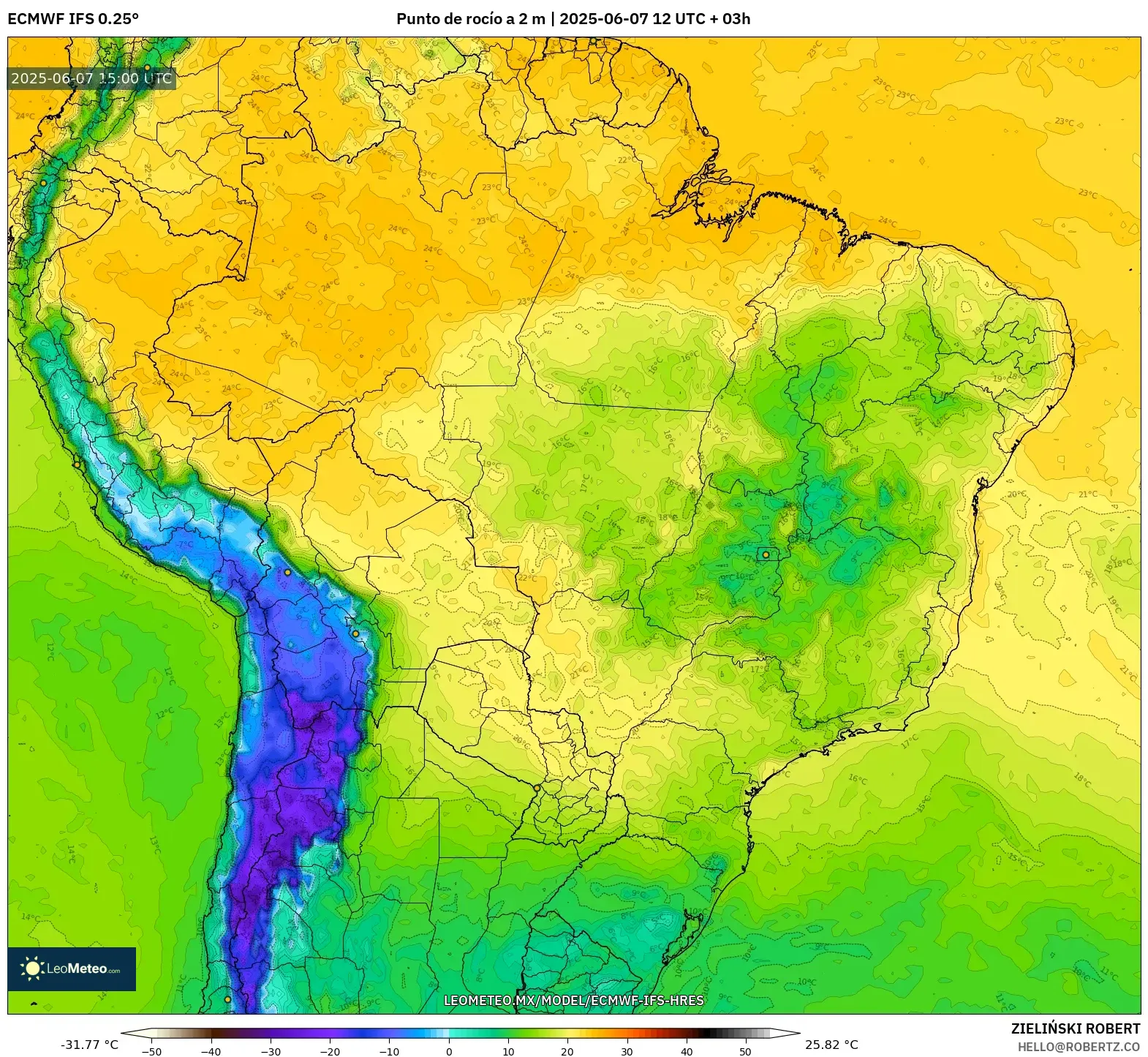 ECMWF IFS 0.25° model - Brasil, Punto de rocío a 2 m ECMWF IFS 0.25° model - Brasil, Punto de rocío a 2 m