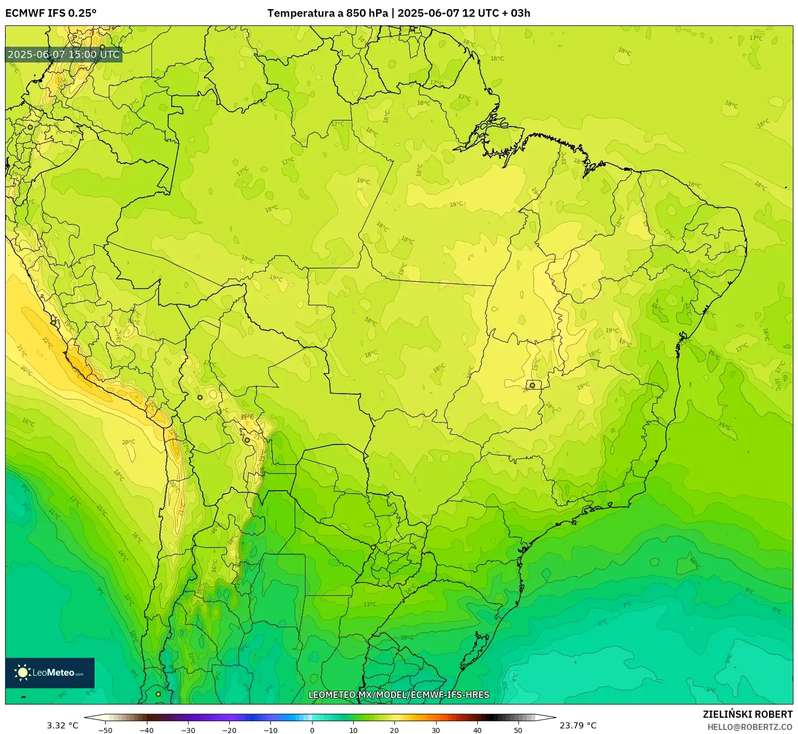 ECMWF IFS 0.25° model - Brasil, Temperatura a 850 hPa ECMWF IFS 0.25° model - Brasil, Temperatura a 850 hPa