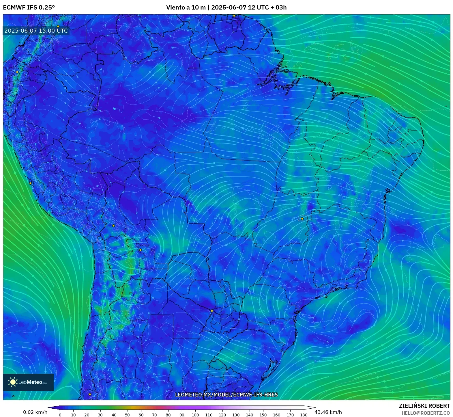 ECMWF IFS 0.25° model - Brasil, Viento a 10 m ECMWF IFS 0.25° model - Brasil, Viento a 10 m