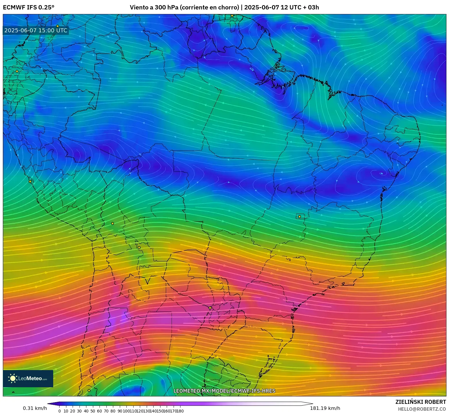 ECMWF IFS 0.25° model - Brasil, Viento a 300 hPa (corriente en chorro) ECMWF IFS 0.25° model - Brasil, Viento a 300 hPa (corriente en chorro)