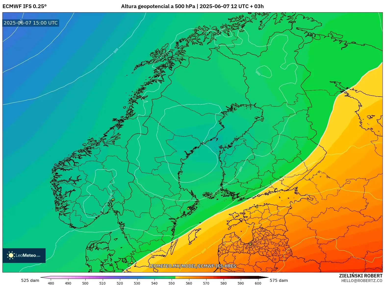 ECMWF IFS 0.25° model - Escandinavia, Altura geopotencial a 500 hPa