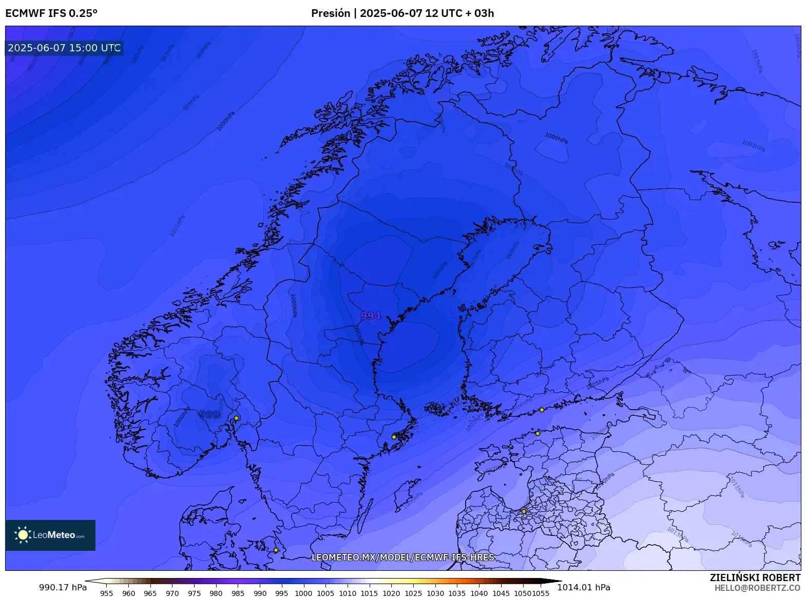 ECMWF IFS 0.25° model - Escandinavia, Presión ECMWF IFS 0.25° model - Escandinavia, Presión