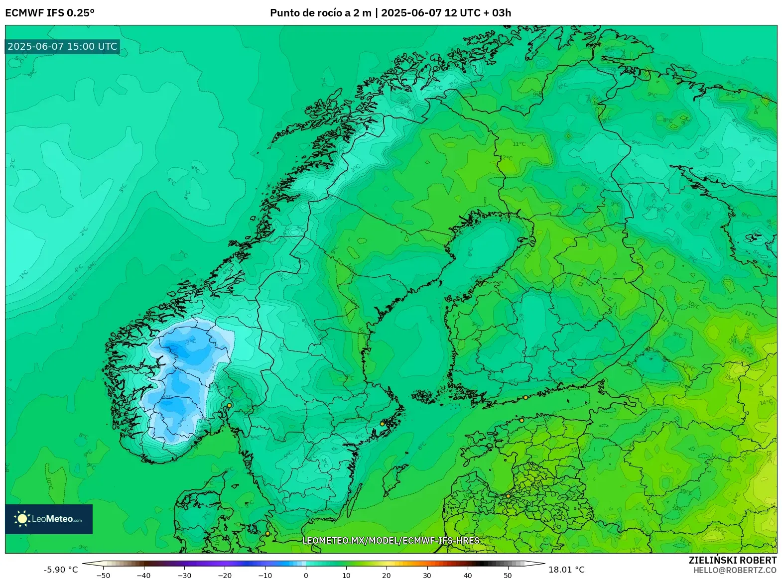 ECMWF IFS 0.25° model - Escandinavia, Punto de rocío a 2 m ECMWF IFS 0.25° model - Escandinavia, Punto de rocío a 2 m
