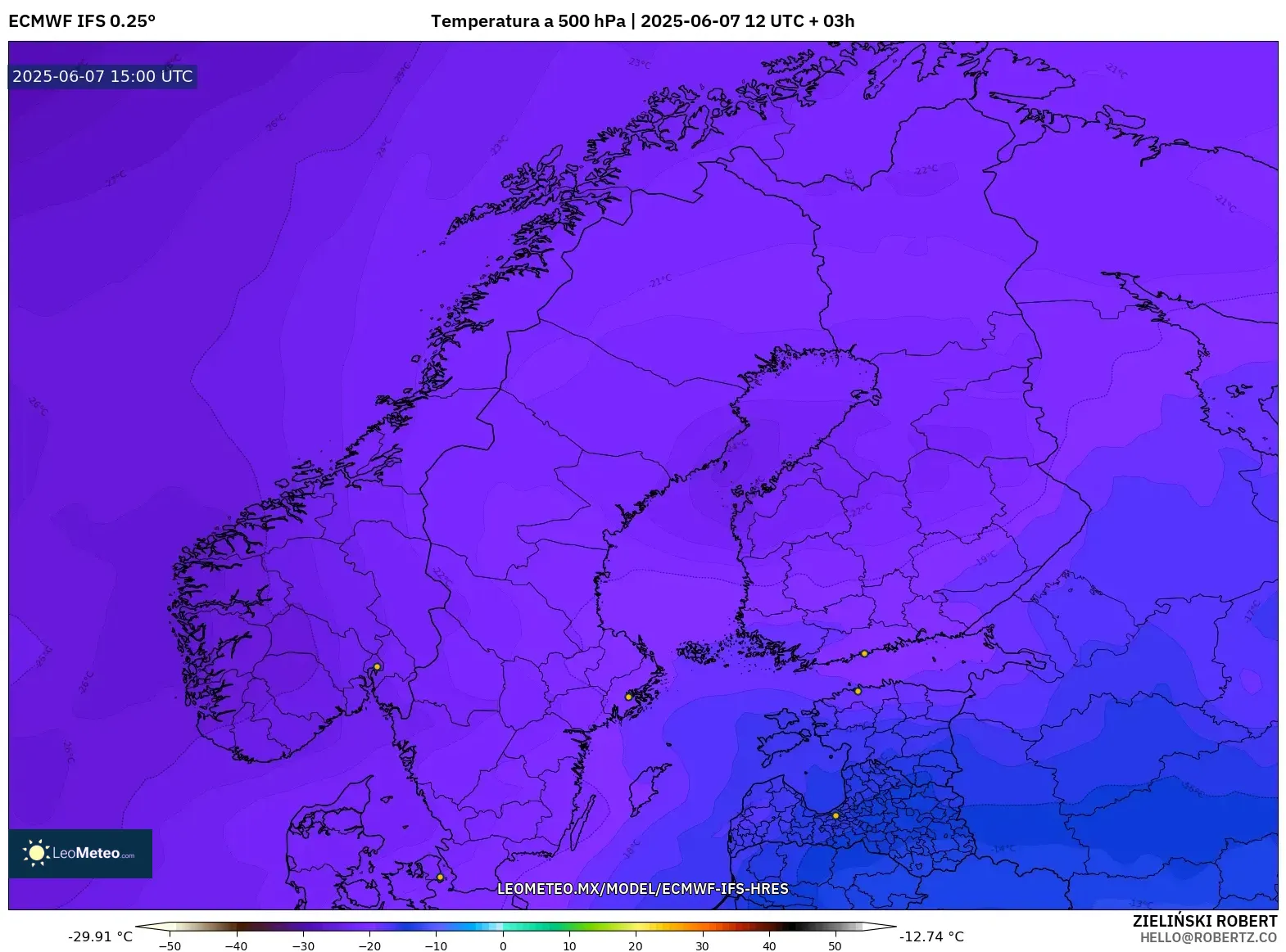 ECMWF IFS 0.25° model - Escandinavia, Temperatura a 500 hPa ECMWF IFS 0.25° model - Escandinavia, Temperatura a 500 hPa