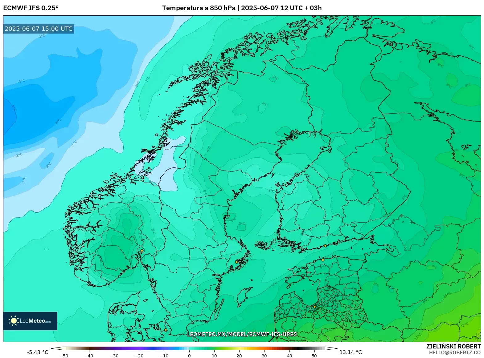 ECMWF IFS 0.25° model - Escandinavia, Temperatura a 850 hPa ECMWF IFS 0.25° model - Escandinavia, Temperatura a 850 hPa