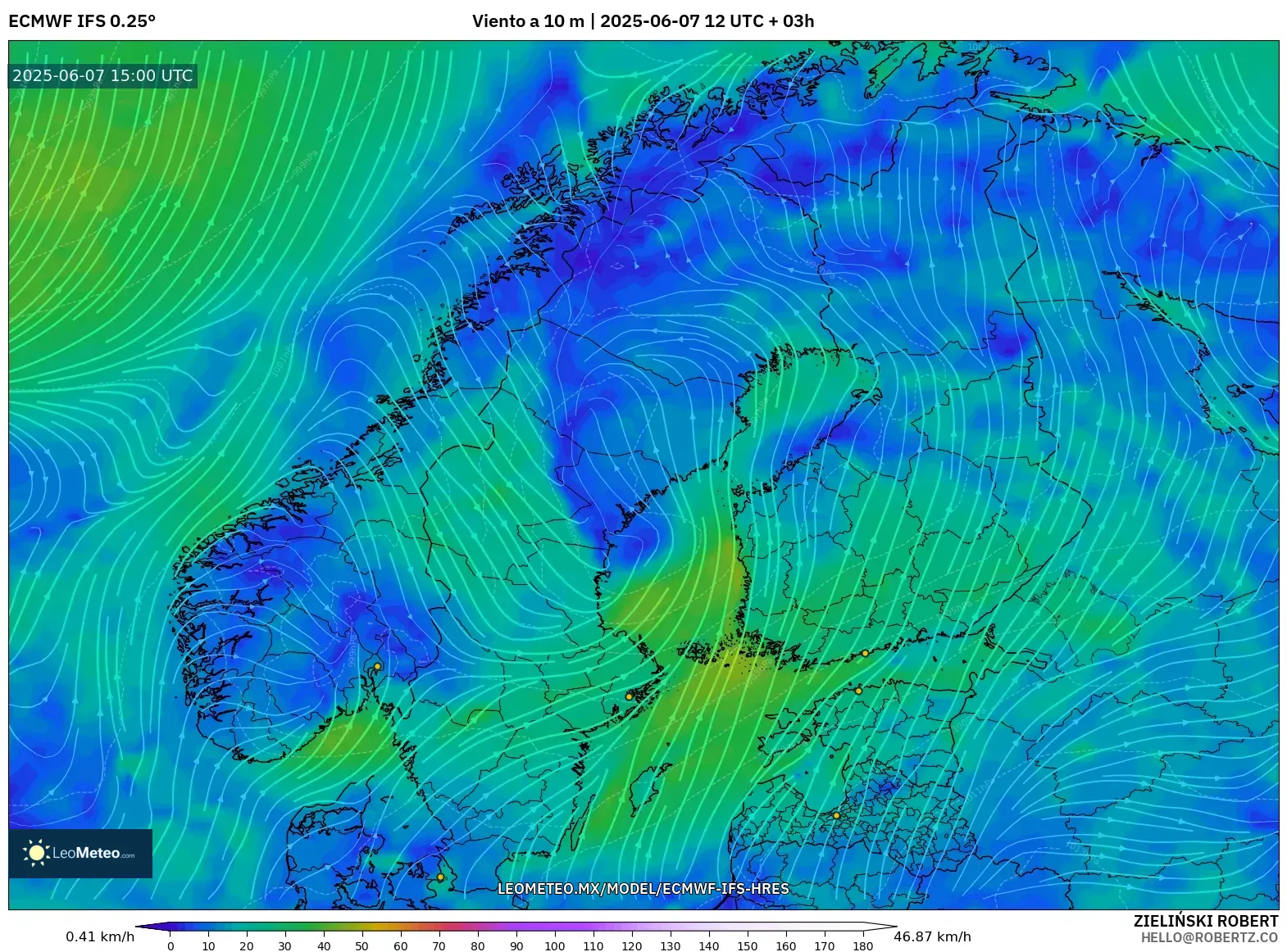 ECMWF IFS 0.25° model - Escandinavia, Viento a 10 m ECMWF IFS 0.25° model - Escandinavia, Viento a 10 m