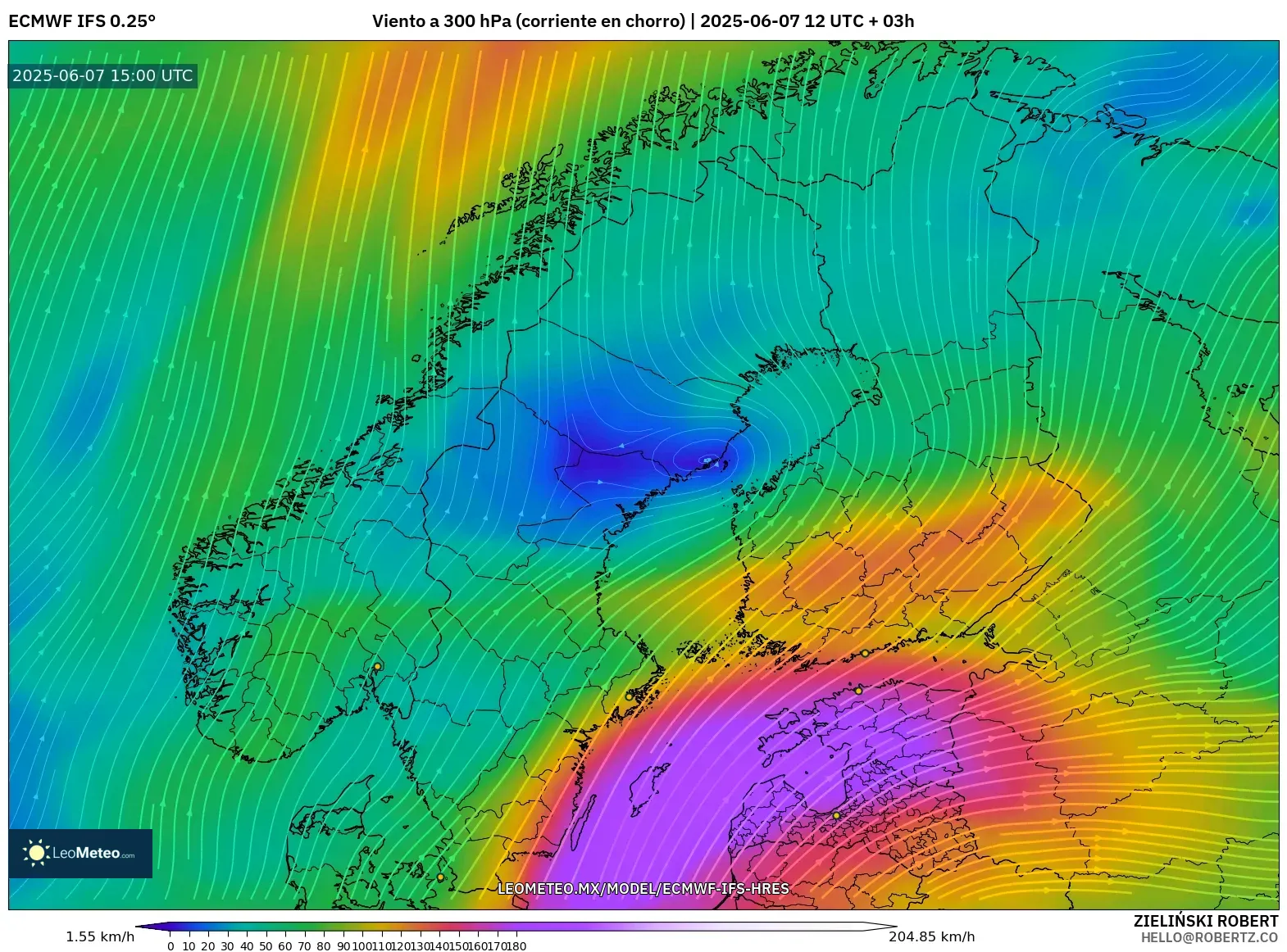 ECMWF IFS 0.25° model - Escandinavia, Viento a 300 hPa (corriente en chorro)