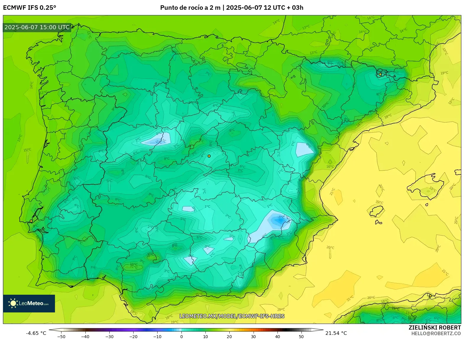 ECMWF IFS 0.25° model - España, Punto de rocío a 2 m ECMWF IFS 0.25° model - España, Punto de rocío a 2 m
