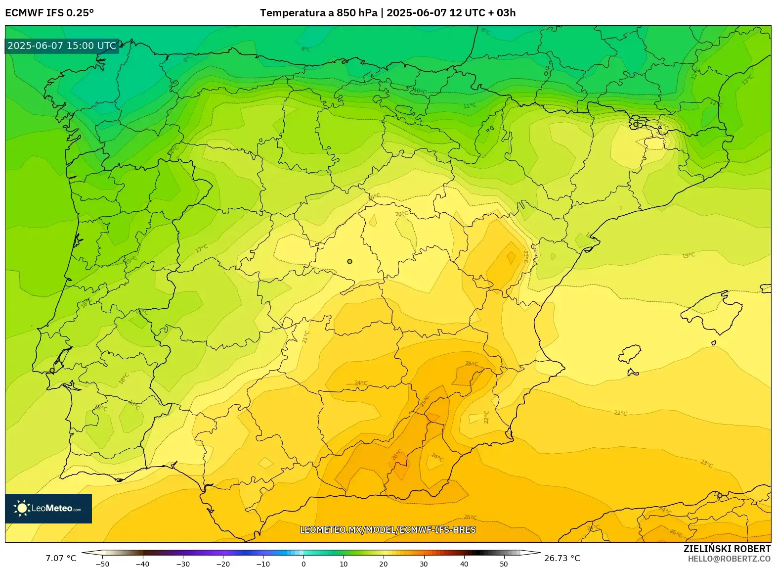 ECMWF IFS 0.25° model - España, Temperatura a 850 hPa ECMWF IFS 0.25° model - España, Temperatura a 850 hPa
