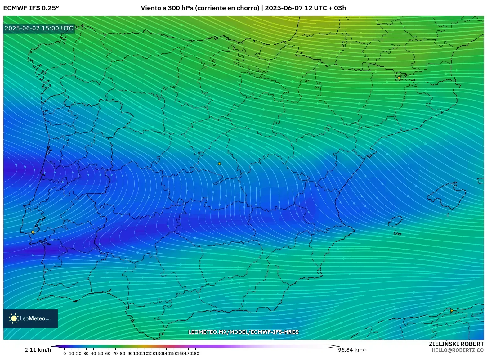 ECMWF IFS 0.25° model - España, Viento a 300 hPa (corriente en chorro)