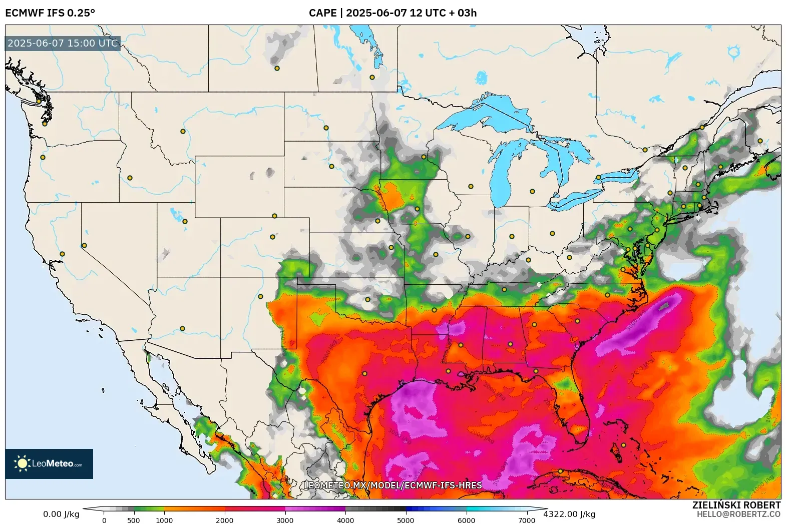 ECMWF IFS 0.25° model - Estados Unidos, CAPE ECMWF IFS 0.25° model - Estados Unidos, CAPE