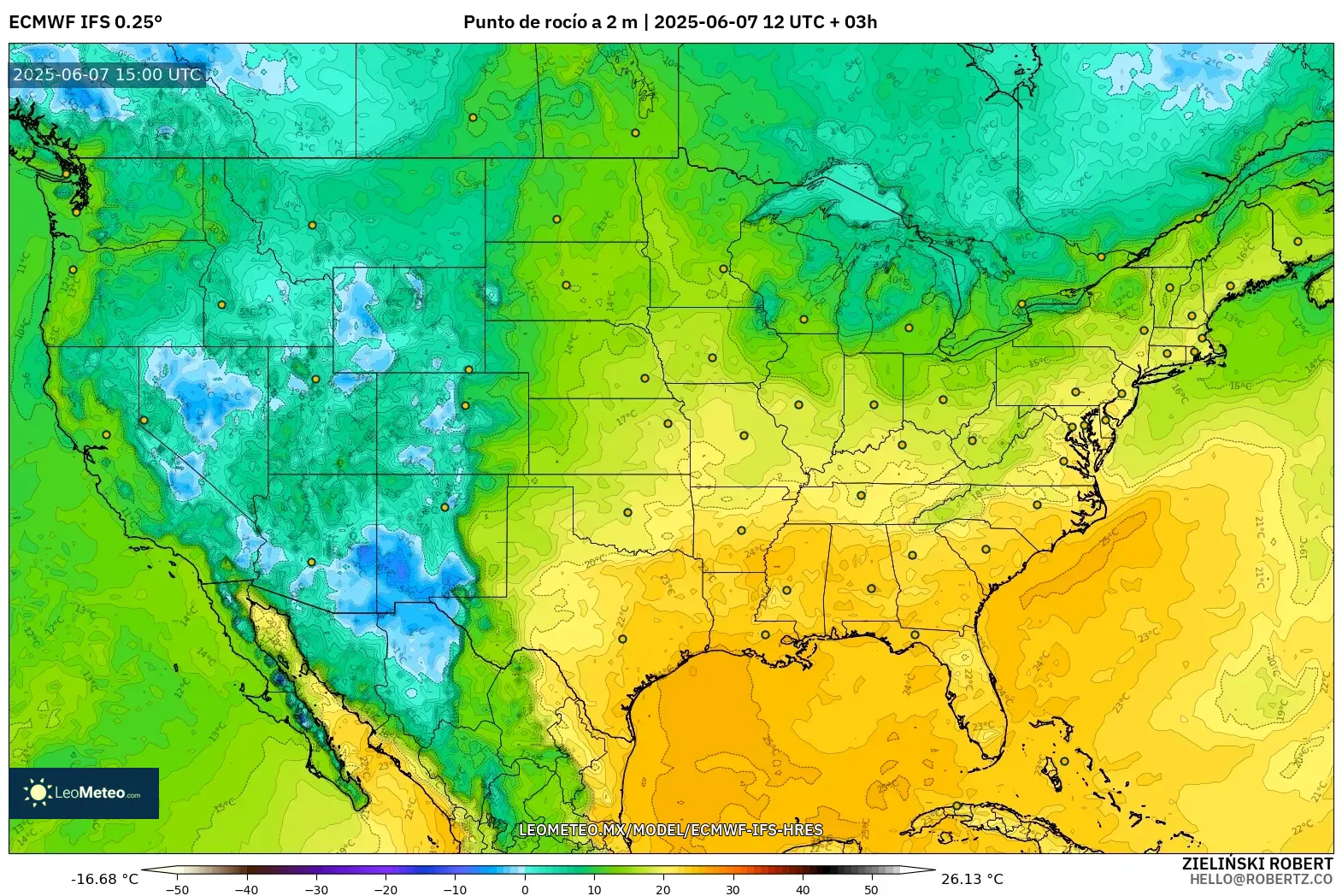 ECMWF IFS 0.25° model - Estados Unidos, Punto de rocío a 2 m
