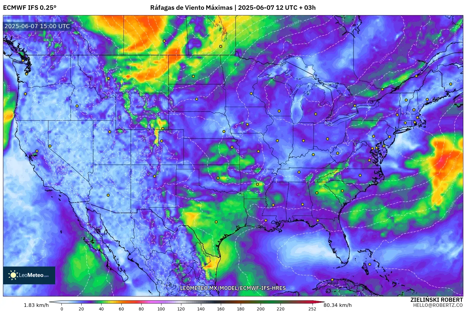 ECMWF IFS 0.25° model - Estados Unidos, Ráfagas de Viento Máximas ECMWF IFS 0.25° model - Estados Unidos, Ráfagas de Viento Máximas