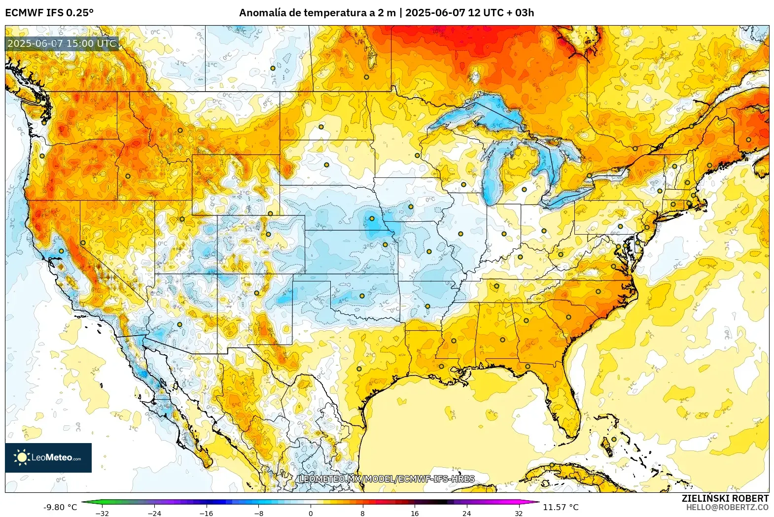 ECMWF IFS 0.25° model - Estados Unidos, Anomalía de temperatura a 2 m ECMWF IFS 0.25° model - Estados Unidos, Anomalía de temperatura a 2 m