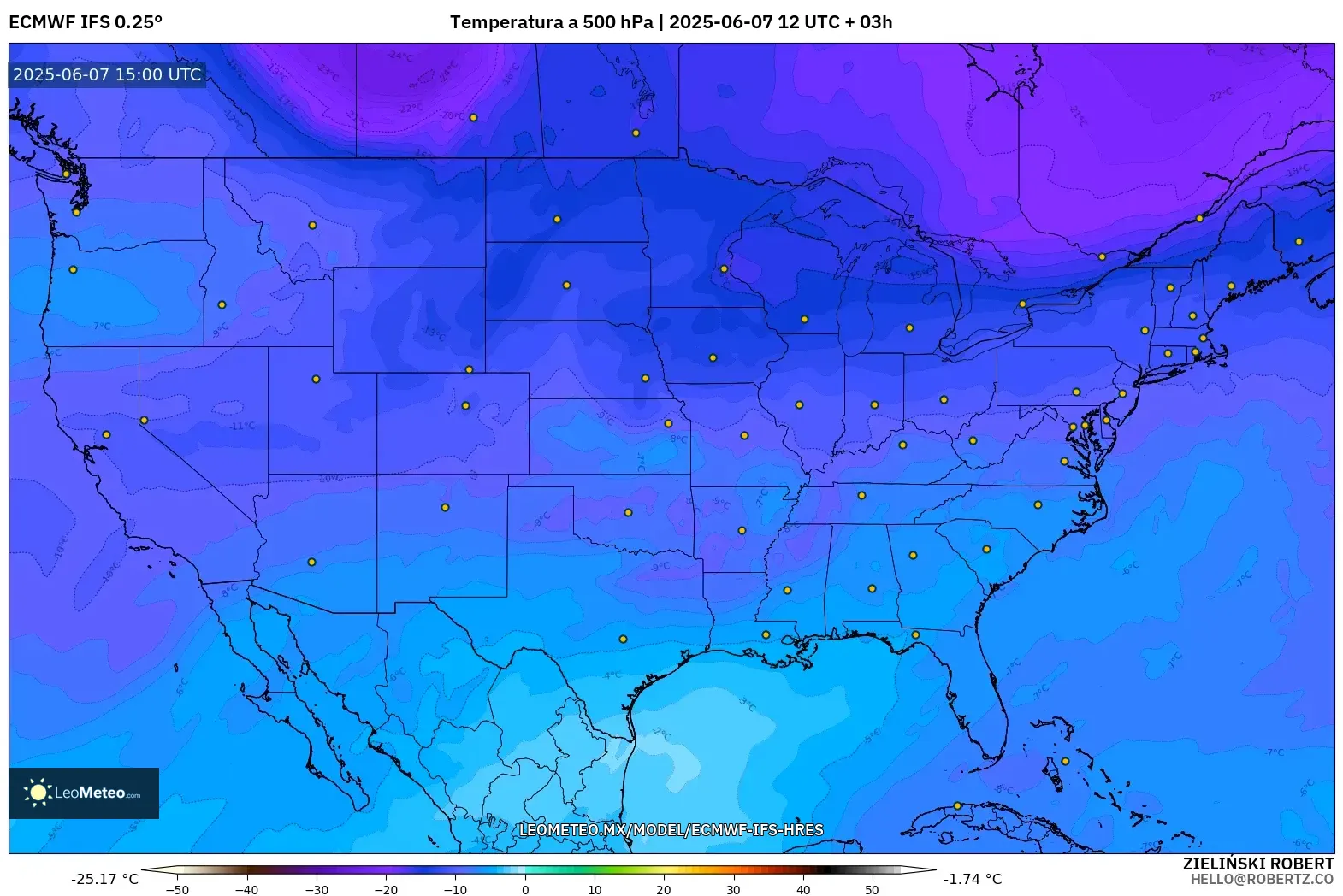 ECMWF IFS 0.25° model - Estados Unidos, Temperatura a 500 hPa ECMWF IFS 0.25° model - Estados Unidos, Temperatura a 500 hPa
