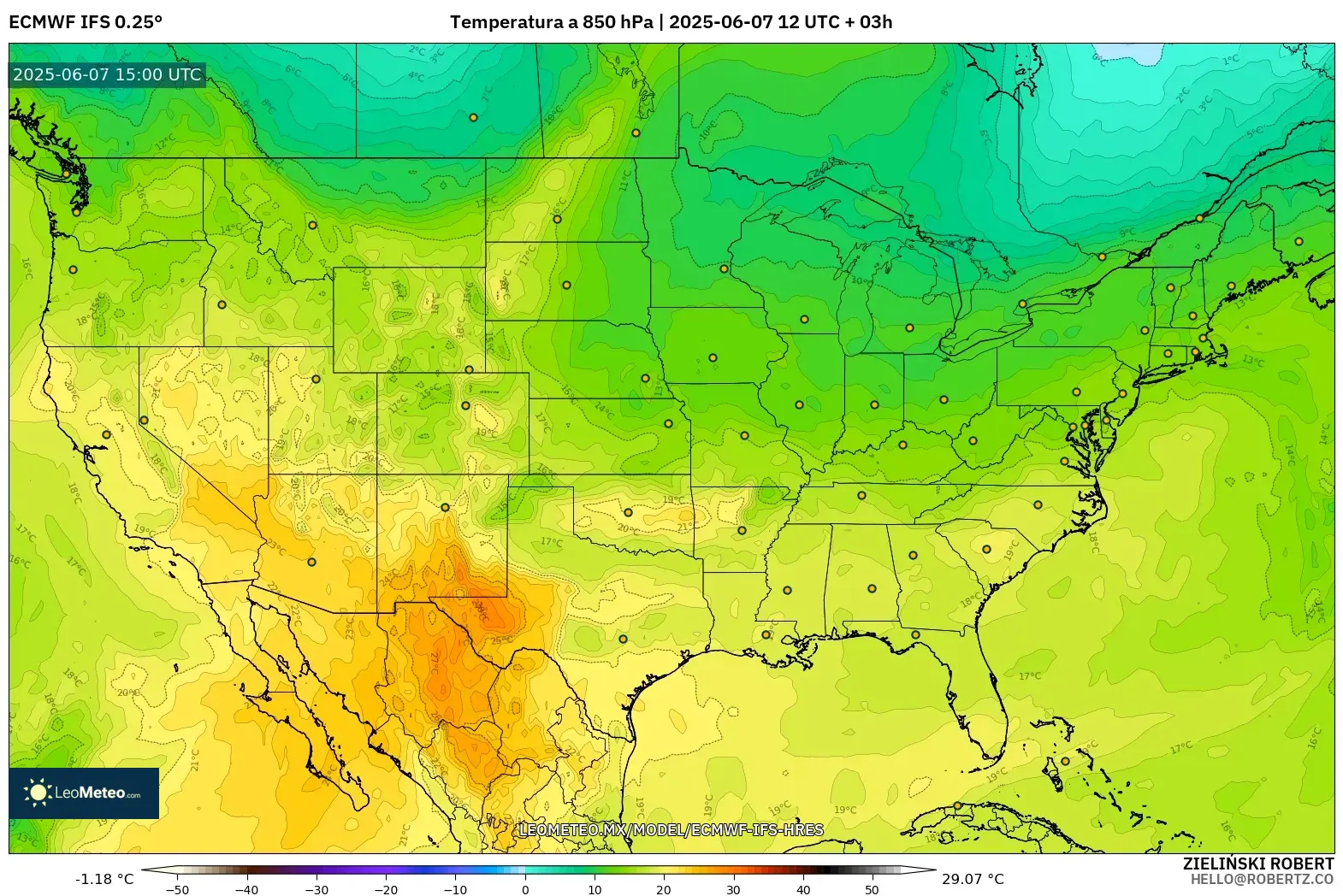 ECMWF IFS 0.25° model - Estados Unidos, Temperatura a 850 hPa ECMWF IFS 0.25° model - Estados Unidos, Temperatura a 850 hPa